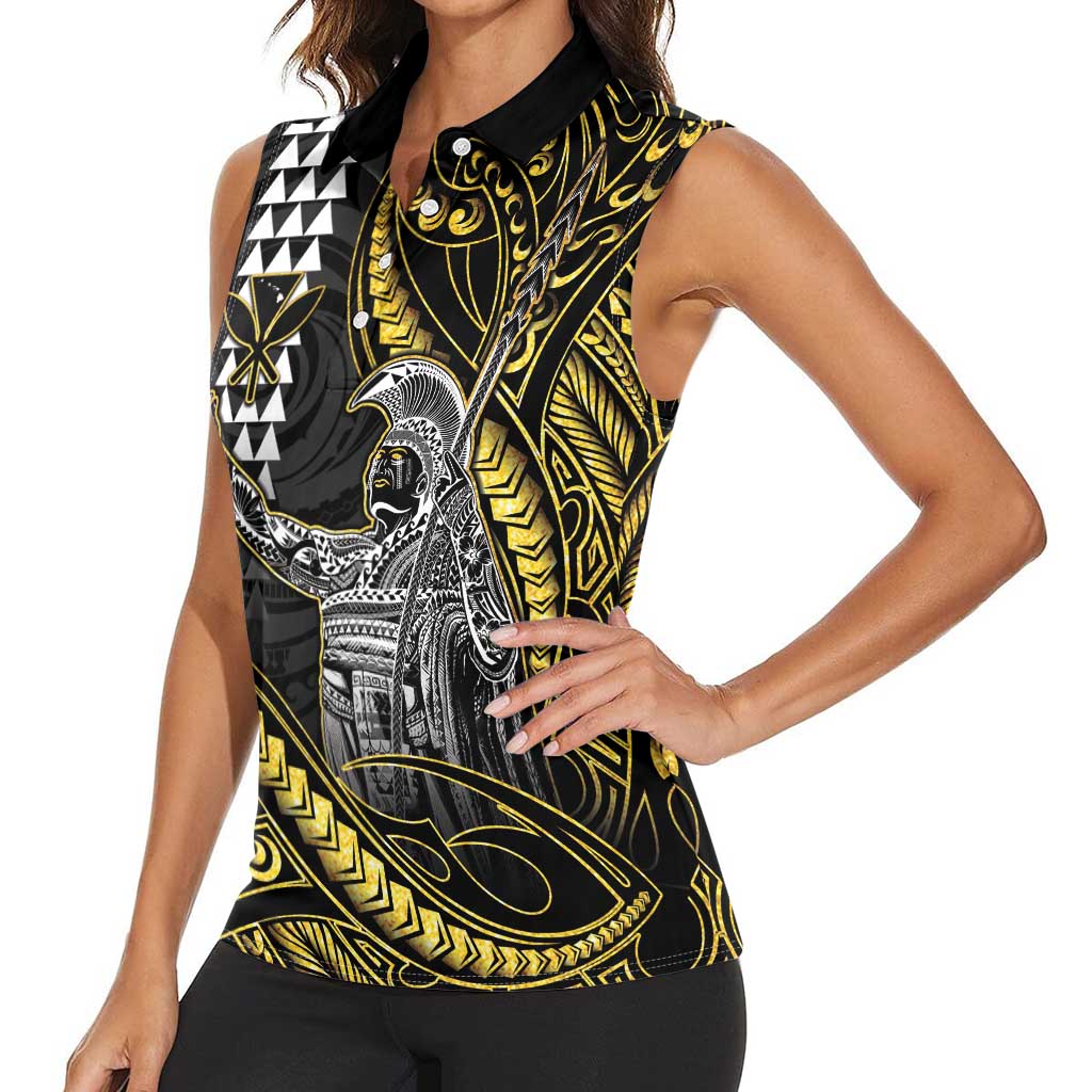 Hawaii King Kamehameha The Great Women Sleeveless Polo Shirt Gold Tribal Tattoo LT05 - Polynesian Pride