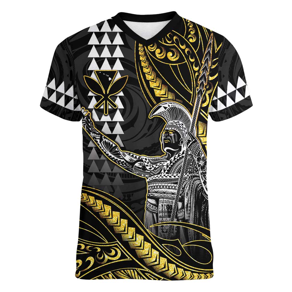 Hawaii King Kamehameha The Great Women V-Neck T-Shirt Gold Tribal Tattoo LT05 Female Gold - Polynesian Pride