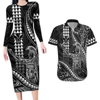 Hawaii King Kamehameha The Great Couples Matching Long Sleeve Bodycon Dress and Hawaiian Shirt Black Tribal Tattoo LT05 Black - Polynesian Pride