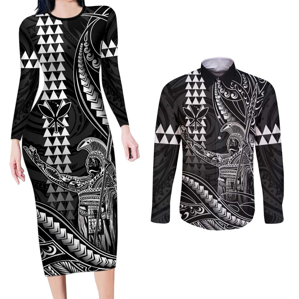 Hawaii King Kamehameha The Great Couples Matching Long Sleeve Bodycon Dress and Long Sleeve Button Shirt Black Tribal Tattoo LT05 Black - Polynesian Pride