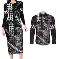 Hawaii King Kamehameha The Great Couples Matching Long Sleeve Bodycon Dress and Long Sleeve Button Shirt Black Tribal Tattoo LT05 Black - Polynesian Pride