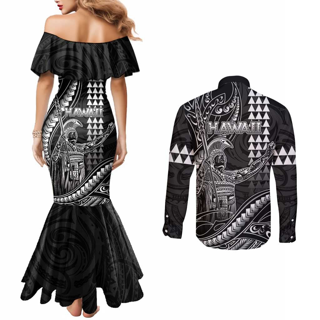 Hawaii King Kamehameha The Great Couples Matching Mermaid Dress and Long Sleeve Button Shirt Black Tribal Tattoo LT05 - Polynesian Pride