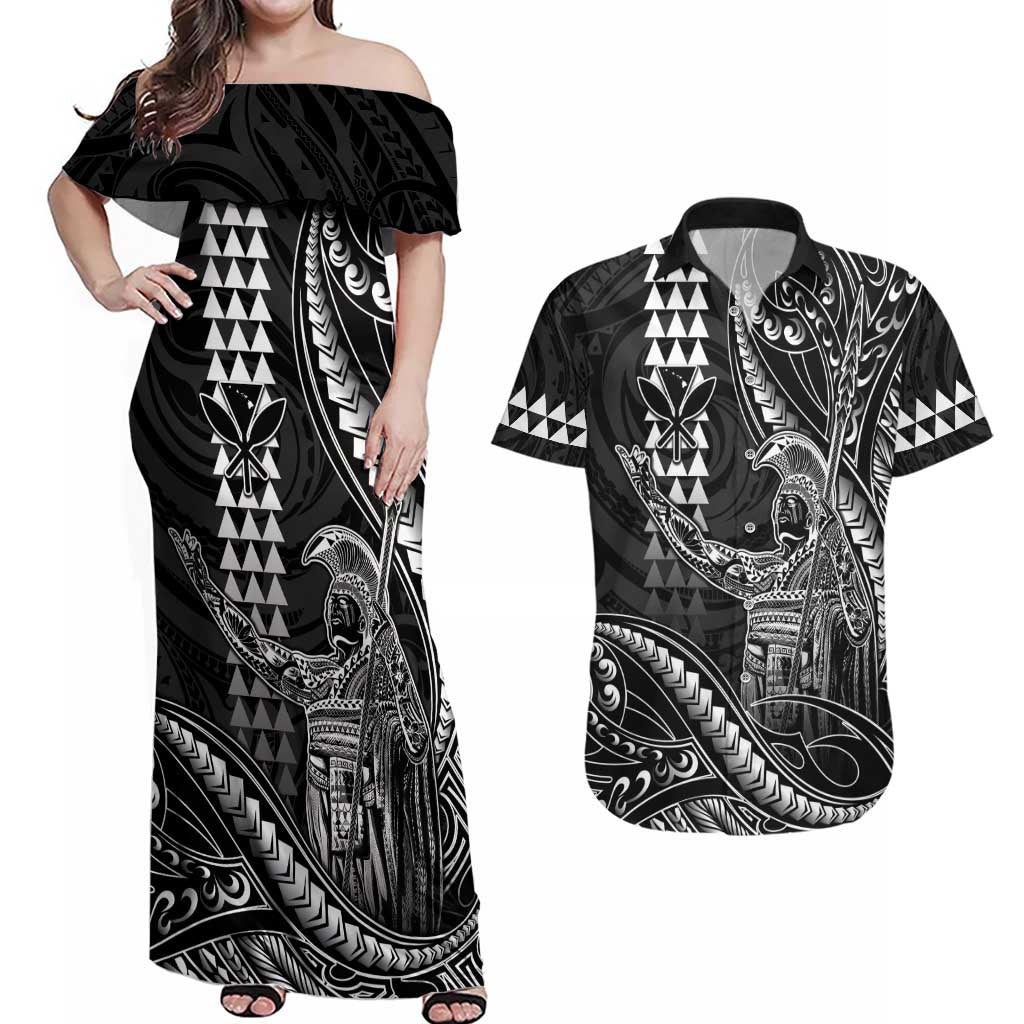 Hawaii King Kamehameha The Great Couples Matching Off Shoulder Maxi Dress and Hawaiian Shirt Black Tribal Tattoo LT05 Black - Polynesian Pride