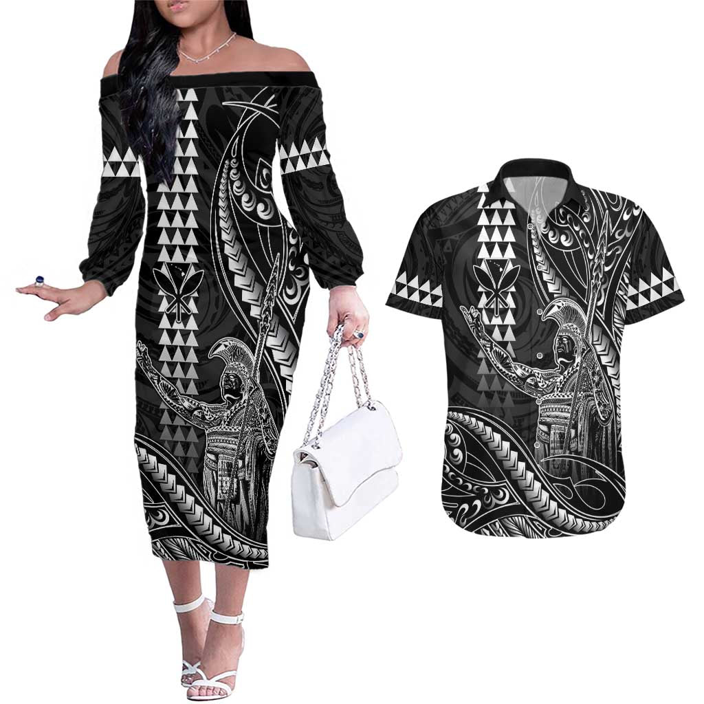 Hawaii King Kamehameha The Great Couples Matching Off The Shoulder Long Sleeve Dress and Hawaiian Shirt Black Tribal Tattoo LT05 Black - Polynesian Pride