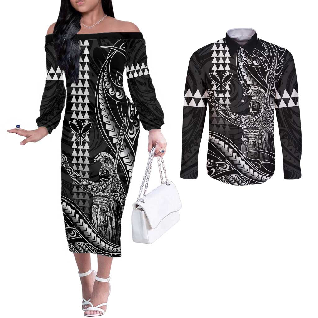Hawaii King Kamehameha The Great Couples Matching Off The Shoulder Long Sleeve Dress and Long Sleeve Button Shirt Black Tribal Tattoo LT05 Black - Polynesian Pride
