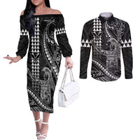 Hawaii King Kamehameha The Great Couples Matching Off The Shoulder Long Sleeve Dress and Long Sleeve Button Shirt Black Tribal Tattoo LT05 Black - Polynesian Pride
