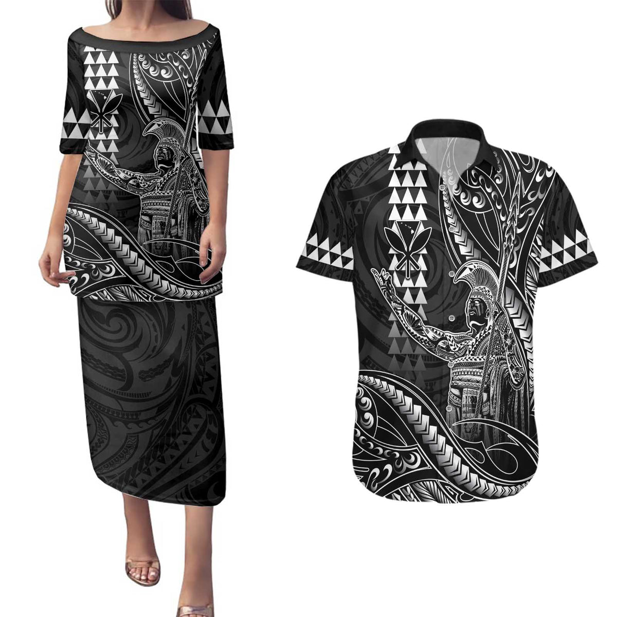 Hawaii King Kamehameha The Great Couples Matching Puletasi and Hawaiian Shirt Black Tribal Tattoo