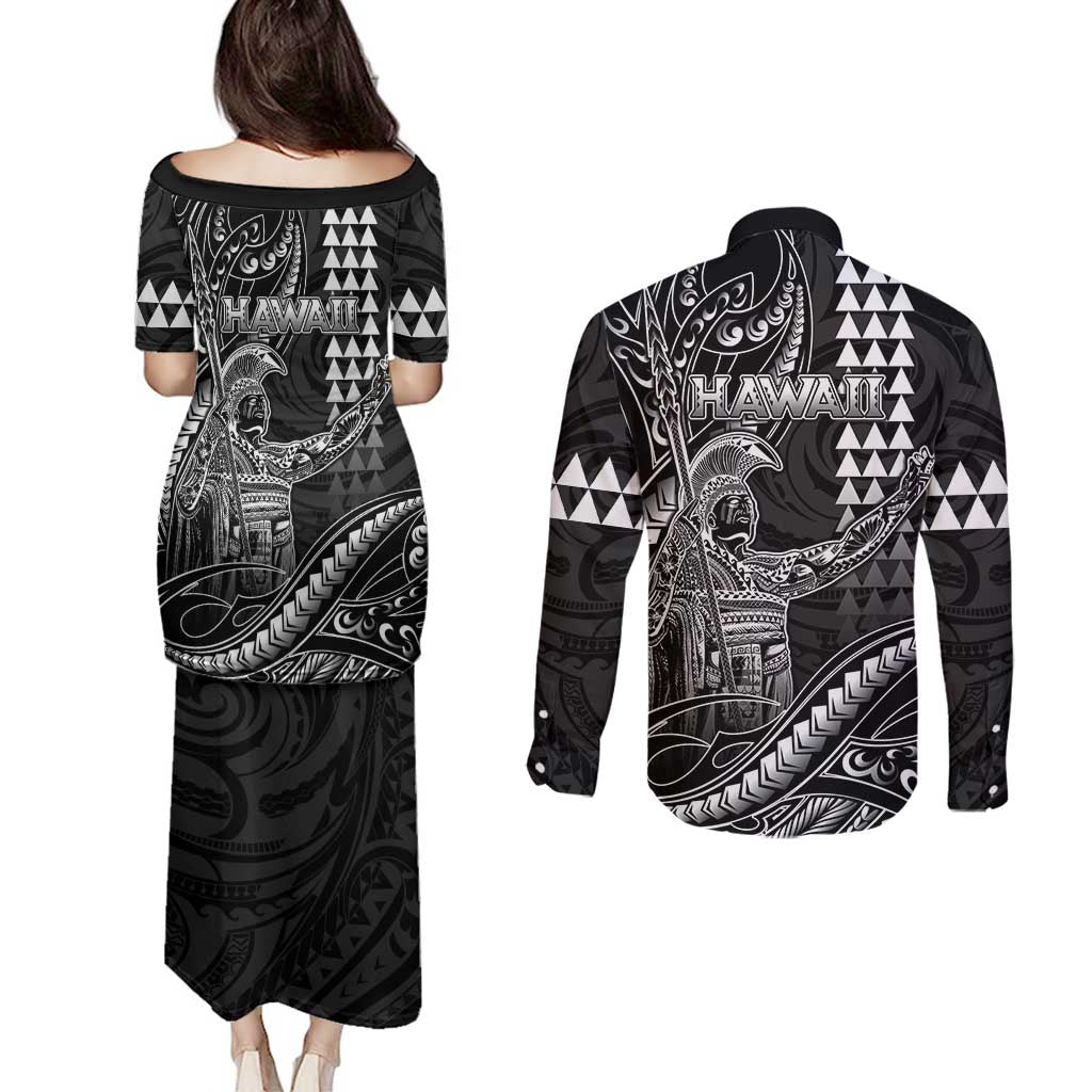 Hawaii King Kamehameha The Great Couples Matching Puletasi and Long Sleeve Button Shirt Black Tribal Tattoo