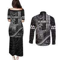 Hawaii King Kamehameha The Great Couples Matching Puletasi and Long Sleeve Button Shirt Black Tribal Tattoo