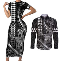 Hawaii King Kamehameha The Great Couples Matching Short Sleeve Bodycon Dress and Long Sleeve Button Shirt Black Tribal Tattoo LT05 Black - Polynesian Pride