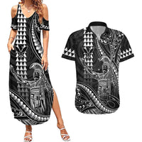 Hawaii King Kamehameha The Great Couples Matching Summer Maxi Dress and Hawaiian Shirt Black Tribal Tattoo LT05 Black - Polynesian Pride