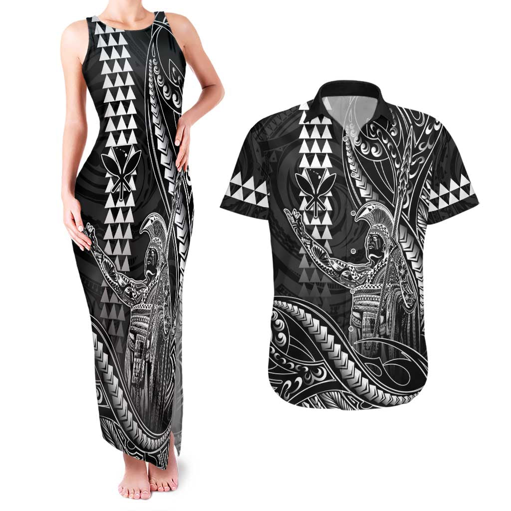 Hawaii King Kamehameha The Great Couples Matching Tank Maxi Dress and Hawaiian Shirt Black Tribal Tattoo LT05 Black - Polynesian Pride