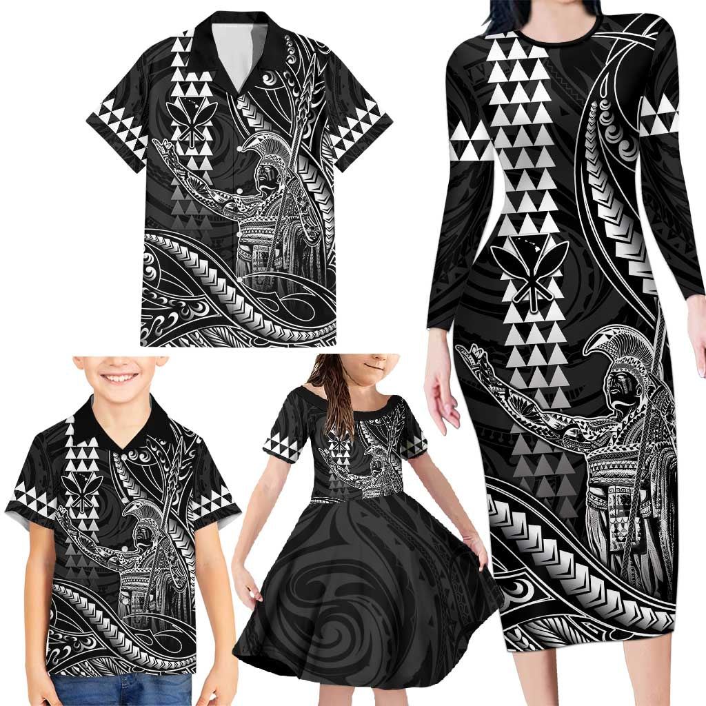 Hawaii King Kamehameha The Great Family Matching Long Sleeve Bodycon Dress and Hawaiian Shirt Black Tribal Tattoo LT05 - Polynesian Pride
