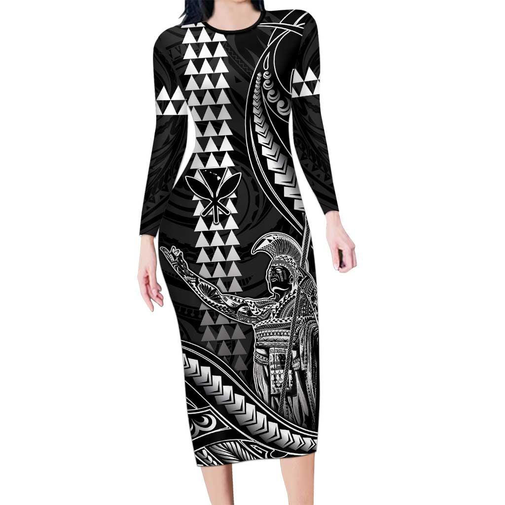 Hawaii King Kamehameha The Great Family Matching Long Sleeve Bodycon Dress and Hawaiian Shirt Black Tribal Tattoo LT05 Mom's Dress Black - Polynesian Pride