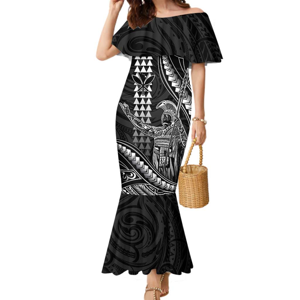 Hawaii King Kamehameha The Great Family Matching Mermaid Dress and Hawaiian Shirt Black Tribal Tattoo LT05 Mom's Dress Black - Polynesian Pride