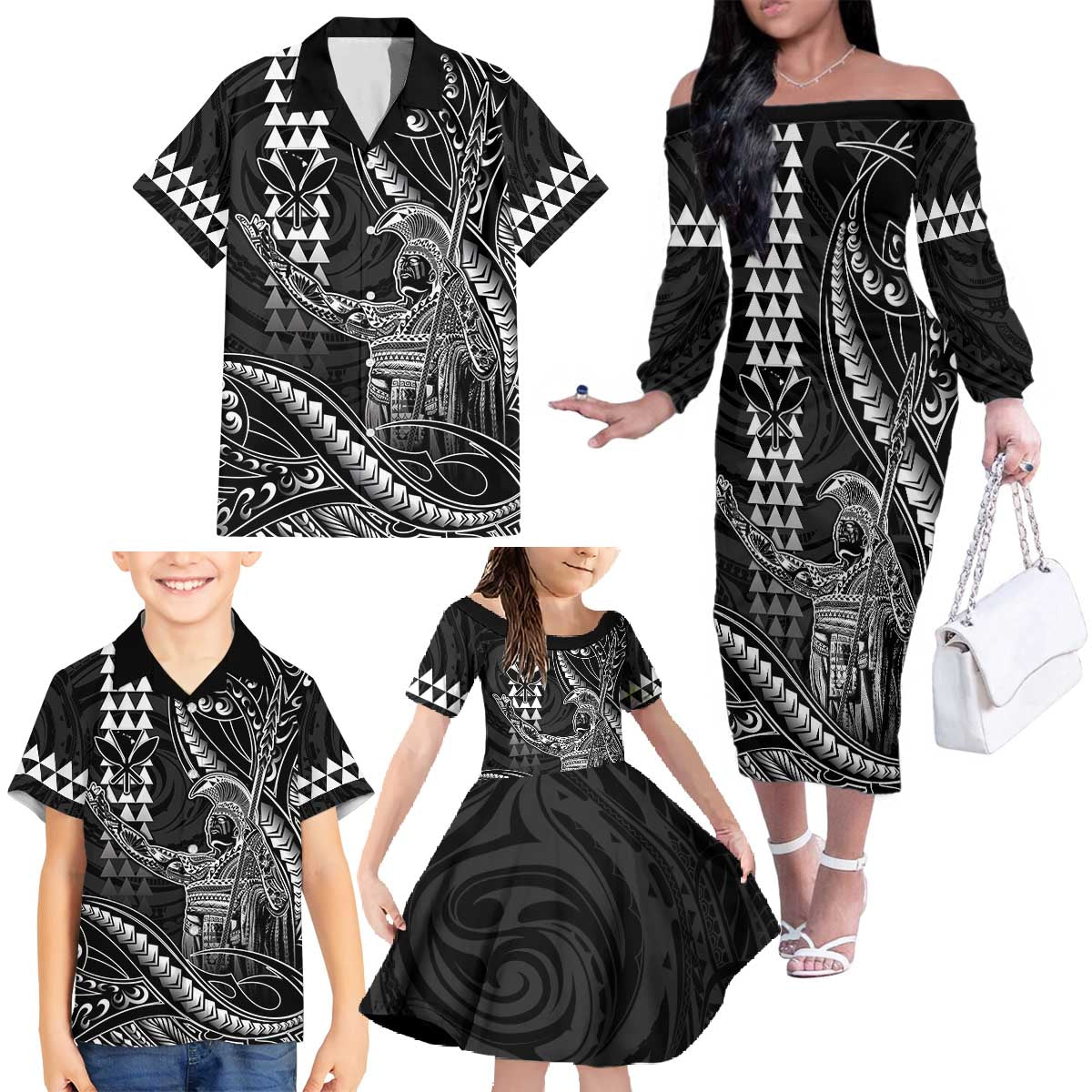 Hawaii King Kamehameha The Great Family Matching Off The Shoulder Long Sleeve Dress and Hawaiian Shirt Black Tribal Tattoo LT05 - Polynesian Pride