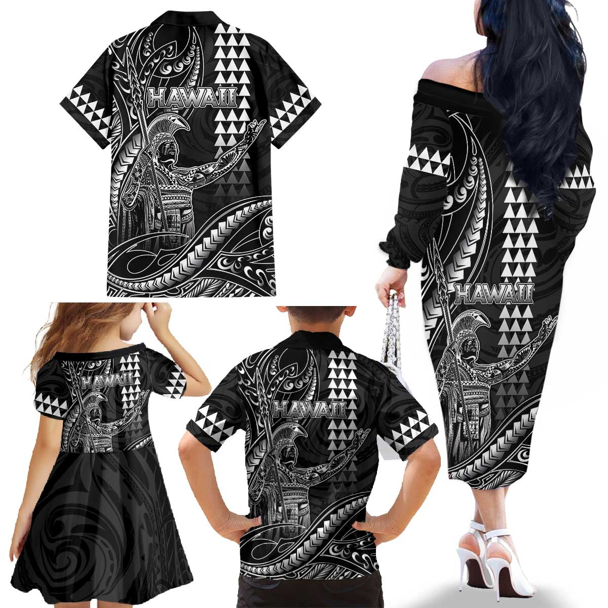 Hawaii King Kamehameha The Great Family Matching Off The Shoulder Long Sleeve Dress and Hawaiian Shirt Black Tribal Tattoo LT05 - Polynesian Pride