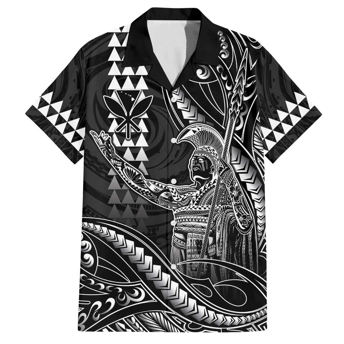 Hawaii King Kamehameha The Great Family Matching Off The Shoulder Long Sleeve Dress and Hawaiian Shirt Black Tribal Tattoo LT05 Dad's Shirt - Short Sleeve Black - Polynesian Pride