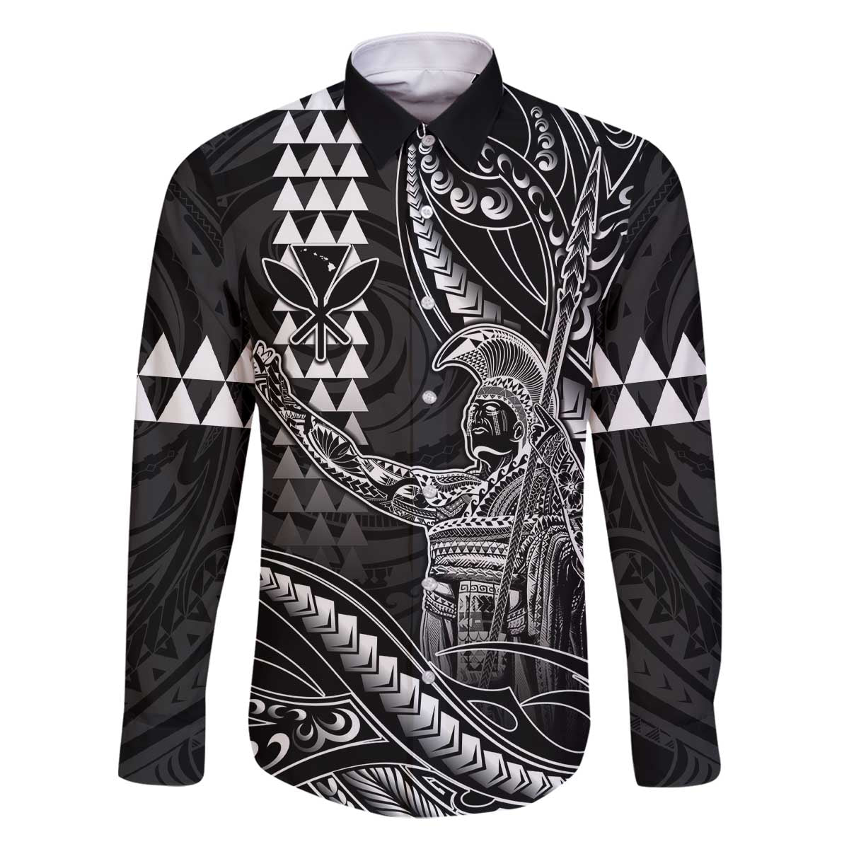 Hawaii King Kamehameha The Great Family Matching Off The Shoulder Long Sleeve Dress and Hawaiian Shirt Black Tribal Tattoo LT05 Dad's Shirt - Long Sleeve Black - Polynesian Pride