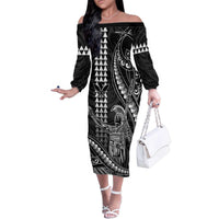 Hawaii King Kamehameha The Great Family Matching Off The Shoulder Long Sleeve Dress and Hawaiian Shirt Black Tribal Tattoo LT05 Mom's Dress Black - Polynesian Pride