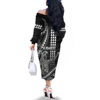 Hawaii King Kamehameha The Great Family Matching Off The Shoulder Long Sleeve Dress and Hawaiian Shirt Black Tribal Tattoo LT05 - Polynesian Pride