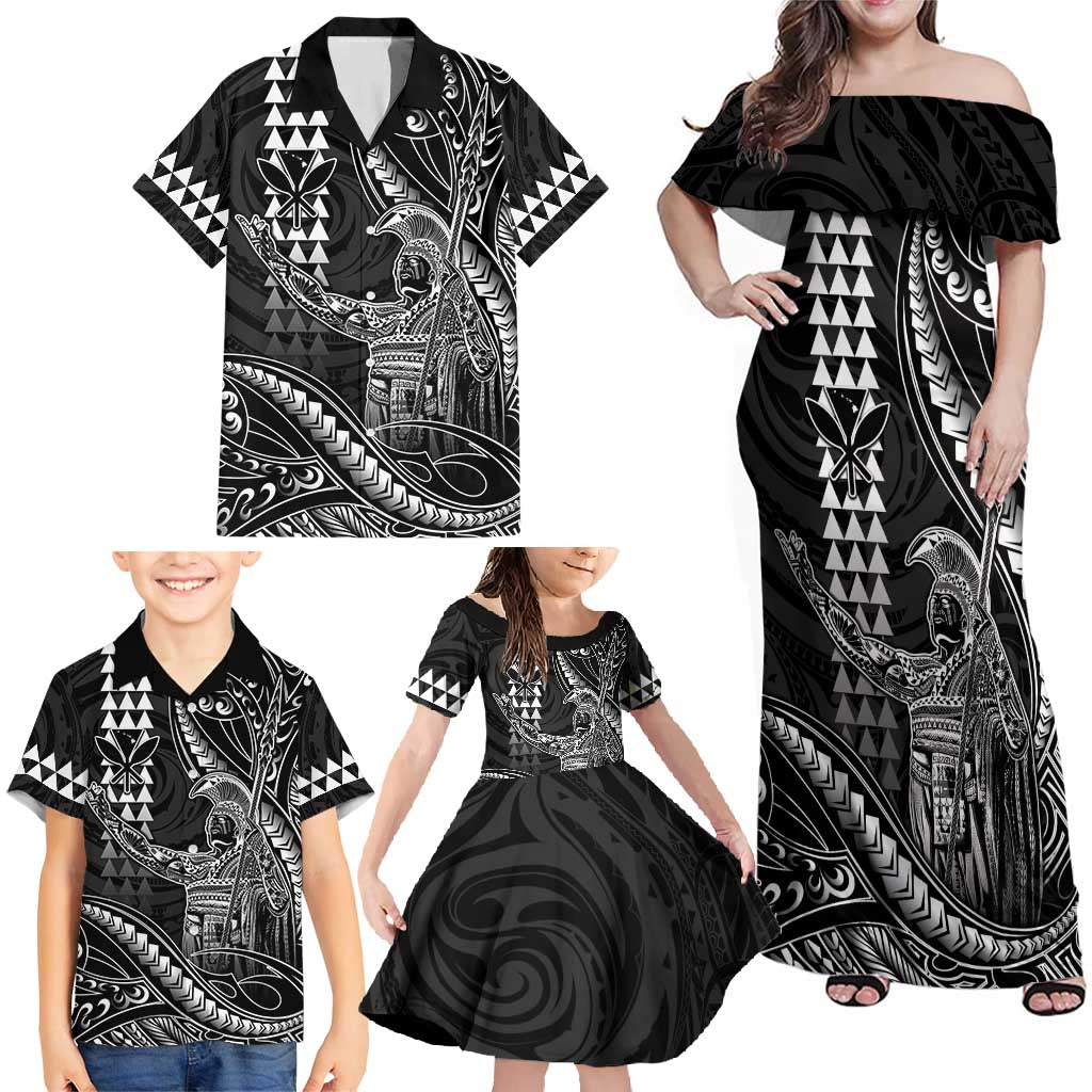 Hawaii King Kamehameha The Great Family Matching Off Shoulder Maxi Dress and Hawaiian Shirt Black Tribal Tattoo LT05 - Polynesian Pride