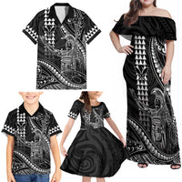 Hawaii King Kamehameha The Great Family Matching Off Shoulder Maxi Dress and Hawaiian Shirt Black Tribal Tattoo LT05 - Polynesian Pride