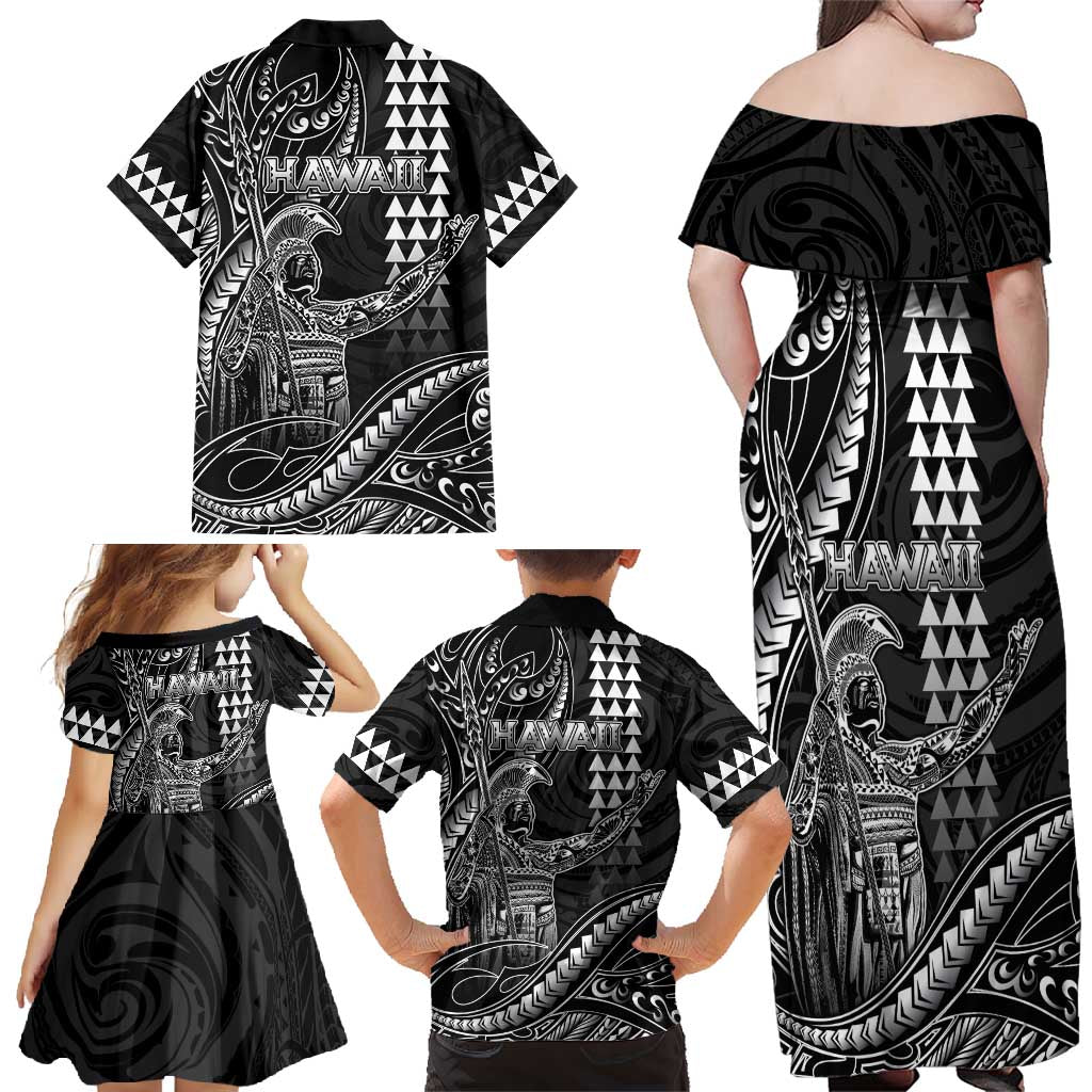Hawaii King Kamehameha The Great Family Matching Off Shoulder Maxi Dress and Hawaiian Shirt Black Tribal Tattoo LT05 - Polynesian Pride