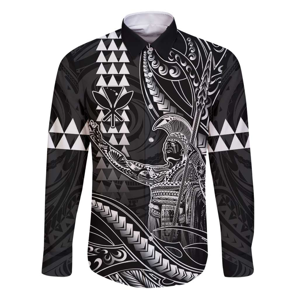 Hawaii King Kamehameha The Great Family Matching Off Shoulder Maxi Dress and Hawaiian Shirt Black Tribal Tattoo LT05 Dad's Shirt - Long Sleeve Black - Polynesian Pride