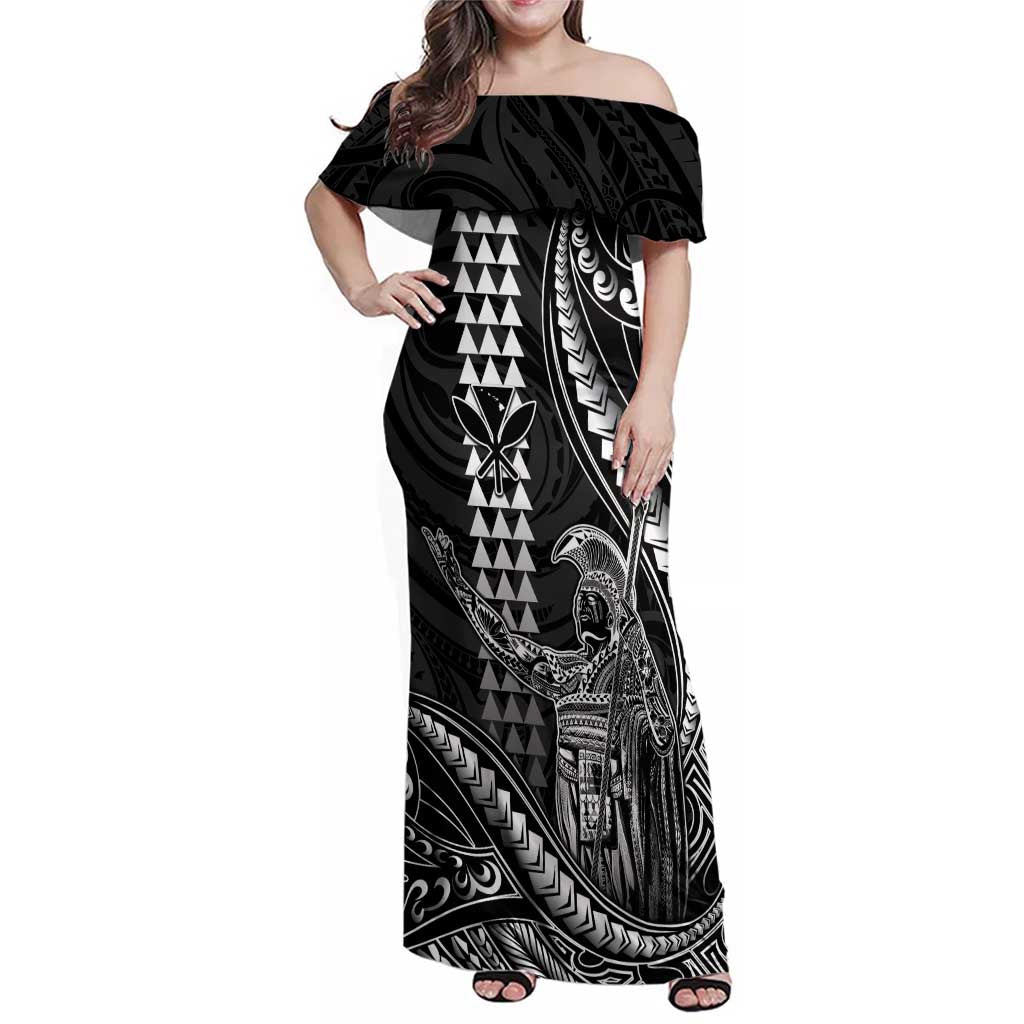 Hawaii King Kamehameha The Great Family Matching Off Shoulder Maxi Dress and Hawaiian Shirt Black Tribal Tattoo LT05 Mom's Dress Black - Polynesian Pride