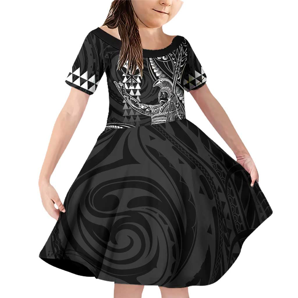 Hawaii King Kamehameha The Great Family Matching Off Shoulder Short Dress and Hawaiian Shirt Black Tribal Tattoo LT05 Daughter's Dress Black - Polynesian Pride