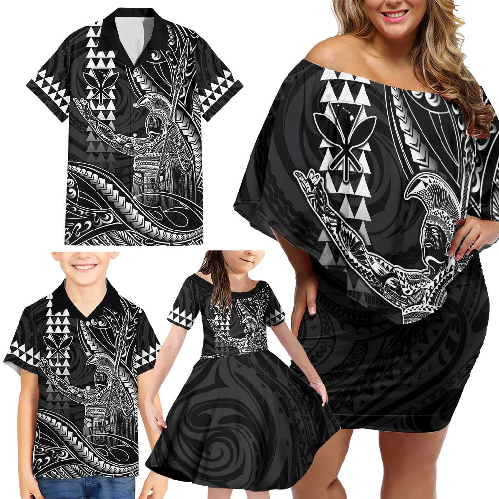 Hawaii King Kamehameha The Great Family Matching Off Shoulder Short Dress and Hawaiian Shirt Black Tribal Tattoo LT05 - Polynesian Pride