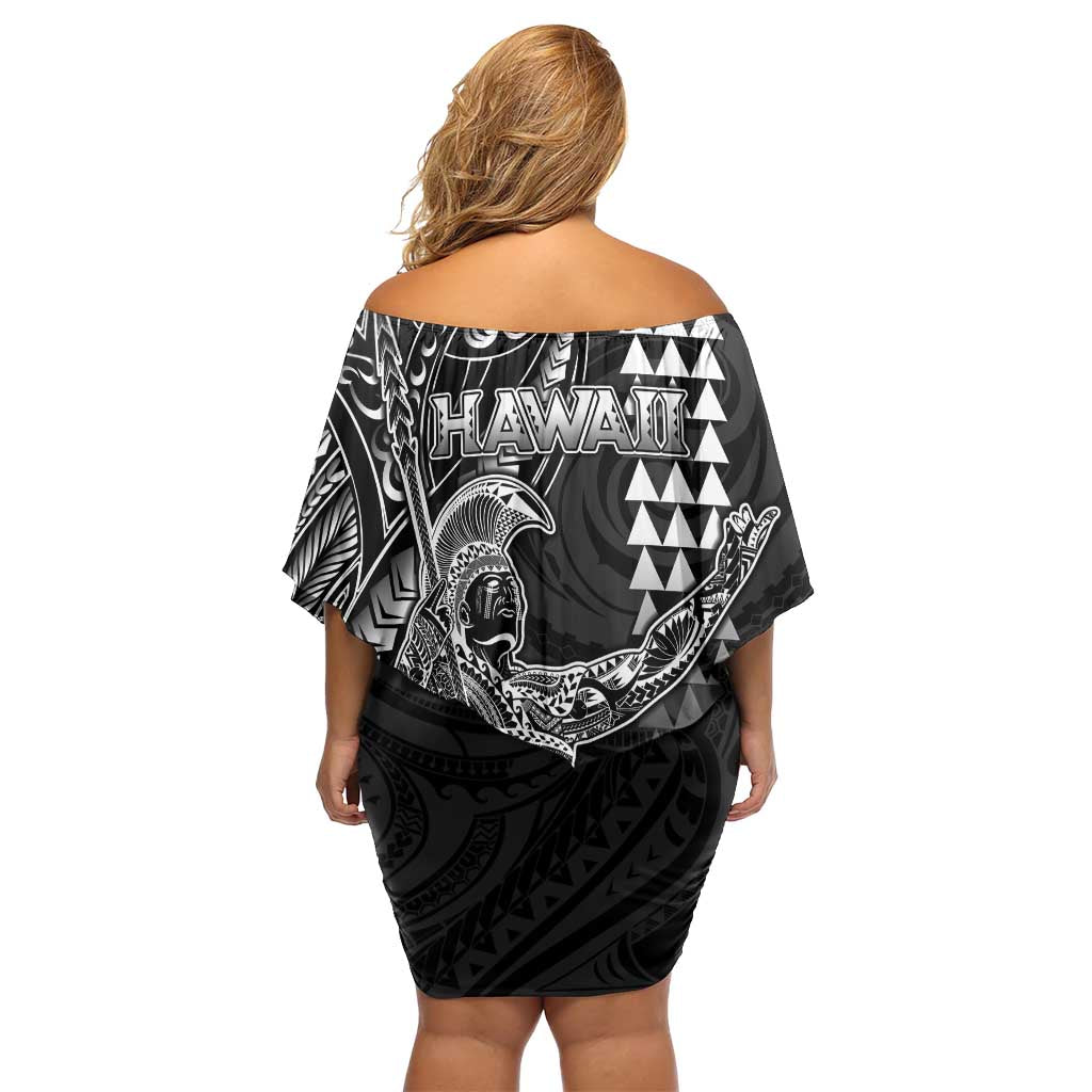 Hawaii King Kamehameha The Great Family Matching Off Shoulder Short Dress and Hawaiian Shirt Black Tribal Tattoo LT05 - Polynesian Pride
