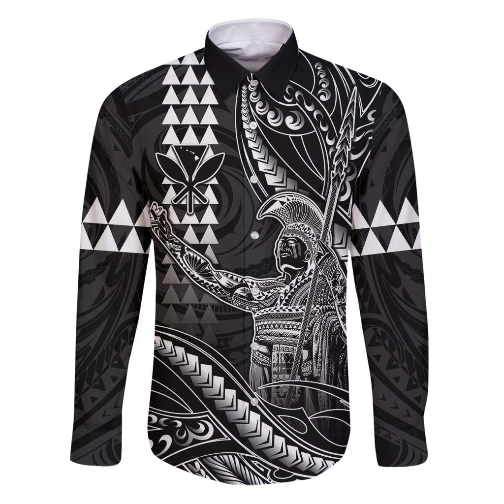 Hawaii King Kamehameha The Great Family Matching Puletasi and Hawaiian Shirt Black Tribal Tattoo LT05 Dad's Shirt - Long Sleeve Black - Polynesian Pride