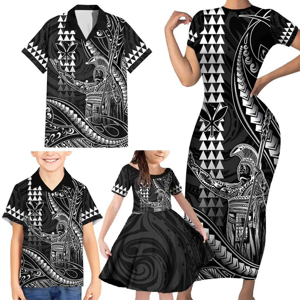 Hawaii King Kamehameha The Great Family Matching Short Sleeve Bodycon Dress and Hawaiian Shirt Black Tribal Tattoo LT05 - Polynesian Pride
