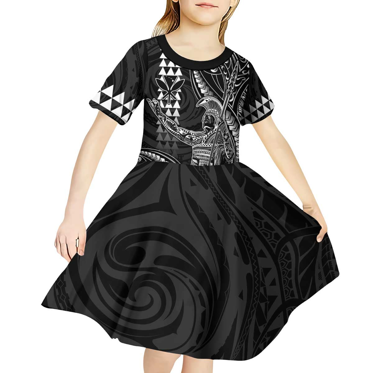 Hawaii King Kamehameha The Great Kid Short Sleeve Dress Black Tribal Tattoo