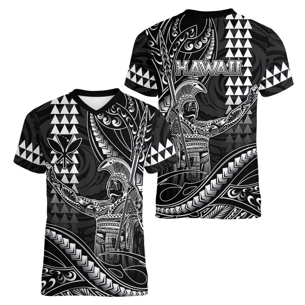 Hawaii King Kamehameha The Great Women V-Neck T-Shirt Black Tribal Tattoo