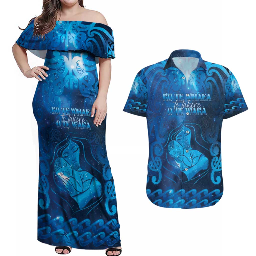 Personalised New Zealand Mother's Day Couples Matching Off Shoulder Maxi Dress and Hawaiian Shirt Ko Te Whaea Te Takere O Te Waka LT05 Blue - Polynesian Pride