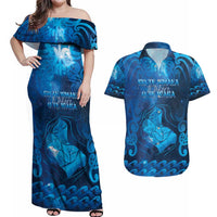 Personalised New Zealand Mother's Day Couples Matching Off Shoulder Maxi Dress and Hawaiian Shirt Ko Te Whaea Te Takere O Te Waka LT05 Blue - Polynesian Pride