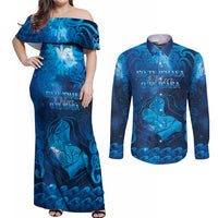 Personalised New Zealand Mother's Day Couples Matching Off Shoulder Maxi Dress and Long Sleeve Button Shirt Ko Te Whaea Te Takere O Te Waka LT05 Blue - Polynesian Pride