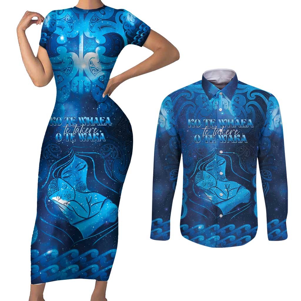 Personalised New Zealand Mother's Day Couples Matching Short Sleeve Bodycon Dress and Long Sleeve Button Shirt Ko Te Whaea Te Takere O Te Waka LT05 Blue - Polynesian Pride
