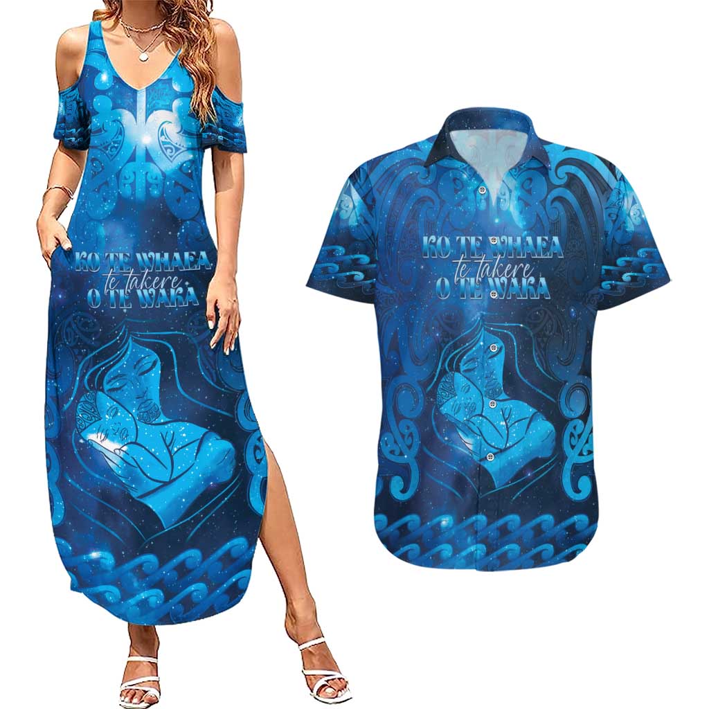 Personalised New Zealand Mother's Day Couples Matching Summer Maxi Dress and Hawaiian Shirt Ko Te Whaea Te Takere O Te Waka LT05 Blue - Polynesian Pride