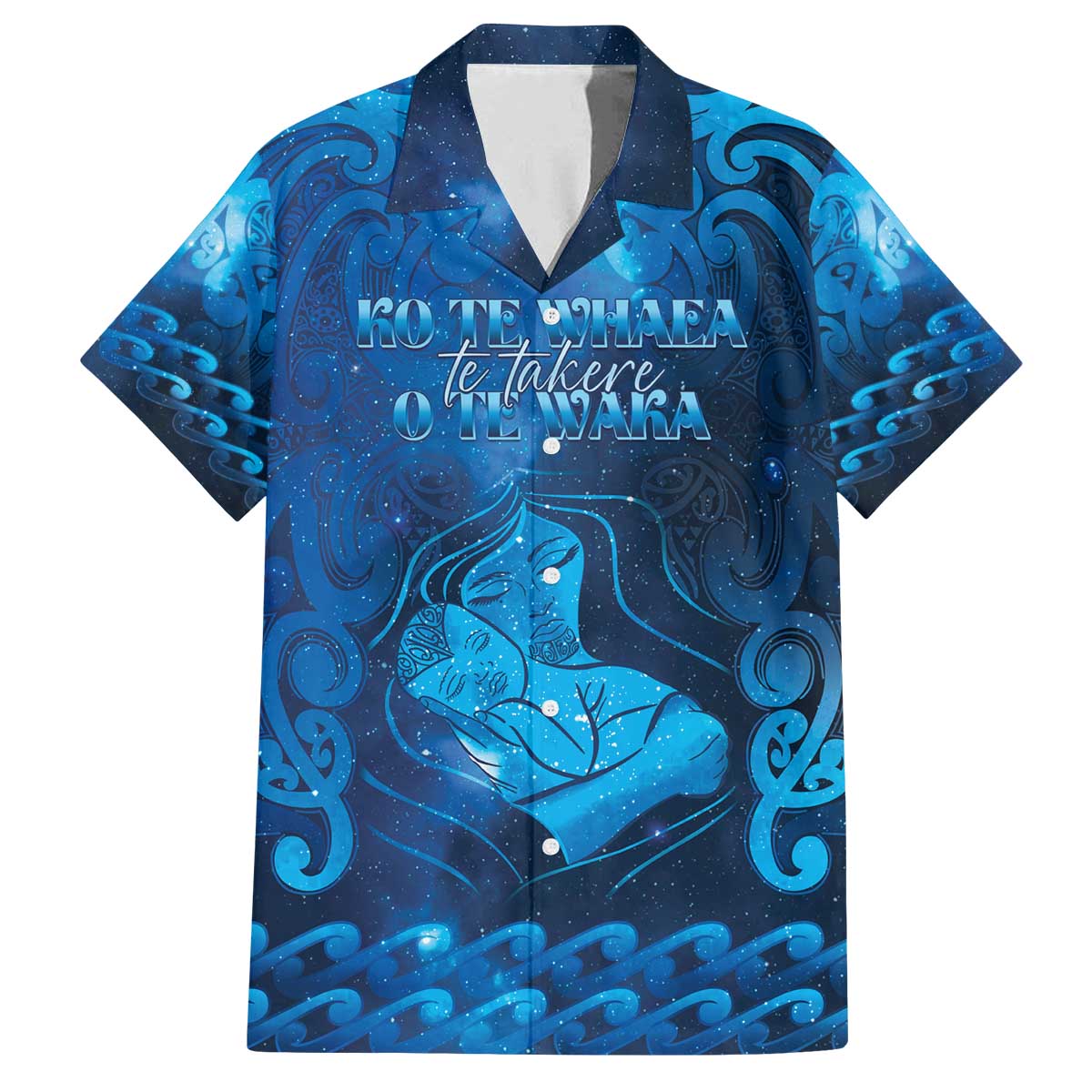 Personalised New Zealand Mother's Day Family Matching Off The Shoulder Long Sleeve Dress and Hawaiian Shirt Ko Te Whaea Te Takere O Te Waka LT05 Dad's Shirt - Short Sleeve Blue - Polynesian Pride