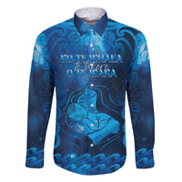 Personalised New Zealand Mother's Day Family Matching Off The Shoulder Long Sleeve Dress and Hawaiian Shirt Ko Te Whaea Te Takere O Te Waka LT05 Dad's Shirt - Long Sleeve Blue - Polynesian Pride
