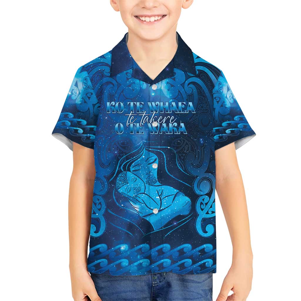 Personalised New Zealand Mother's Day Family Matching Off Shoulder Maxi Dress and Hawaiian Shirt Ko Te Whaea Te Takere O Te Waka LT05 Son's Shirt Blue - Polynesian Pride