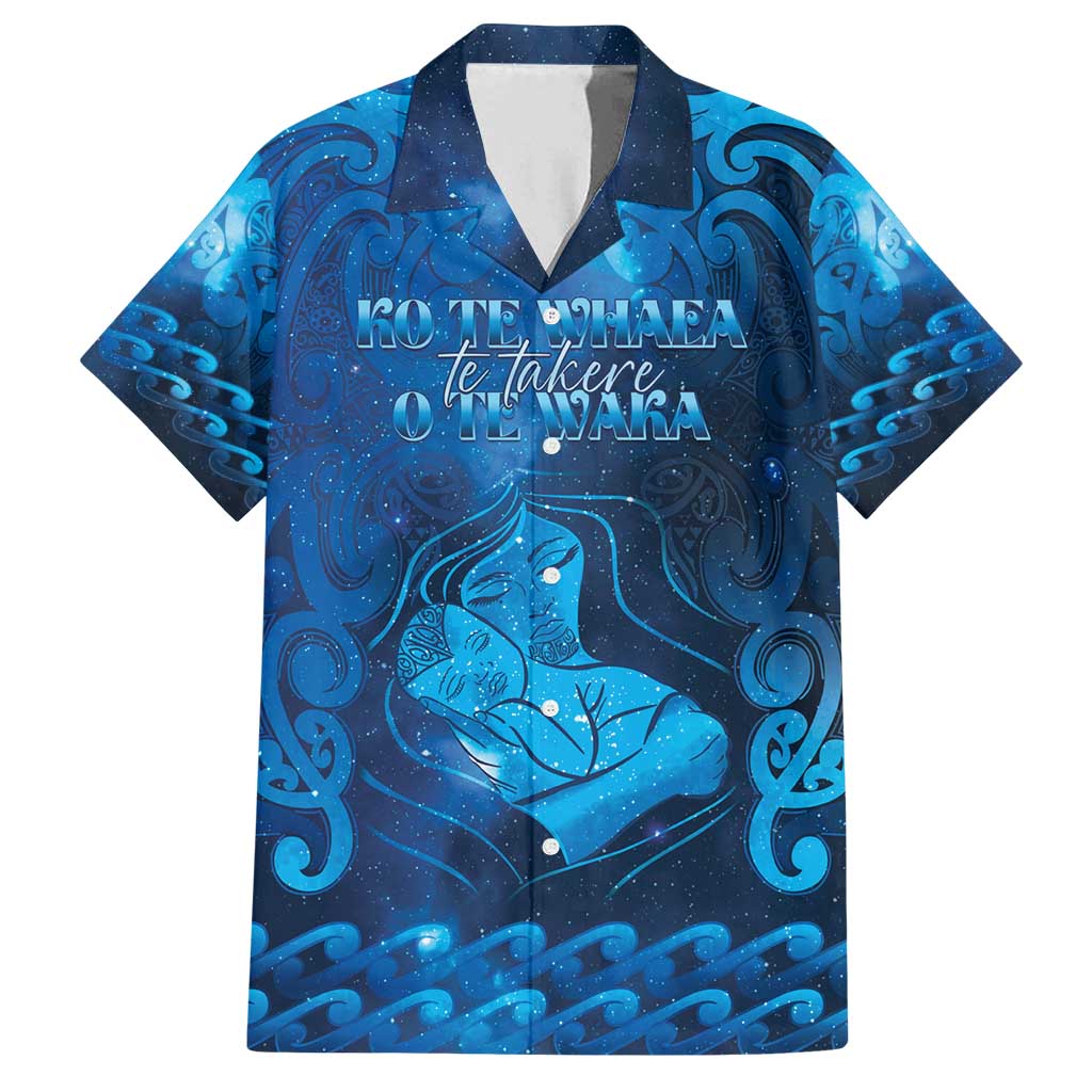 Personalised New Zealand Mother's Day Family Matching Off Shoulder Short Dress and Hawaiian Shirt Ko Te Whaea Te Takere O Te Waka LT05 Dad's Shirt - Short Sleeve Blue - Polynesian Pride