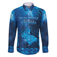 Personalised New Zealand Mother's Day Family Matching Summer Maxi Dress and Hawaiian Shirt Ko Te Whaea Te Takere O Te Waka LT05 Dad's Shirt - Long Sleeve Blue - Polynesian Pride