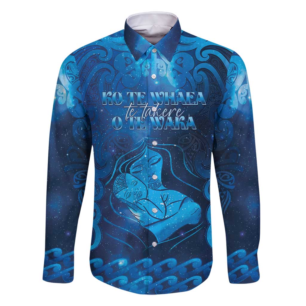 Personalised New Zealand Mother's Day Family Matching Tank Maxi Dress and Hawaiian Shirt Ko Te Whaea Te Takere O Te Waka LT05 Dad's Shirt - Long Sleeve Blue - Polynesian Pride
