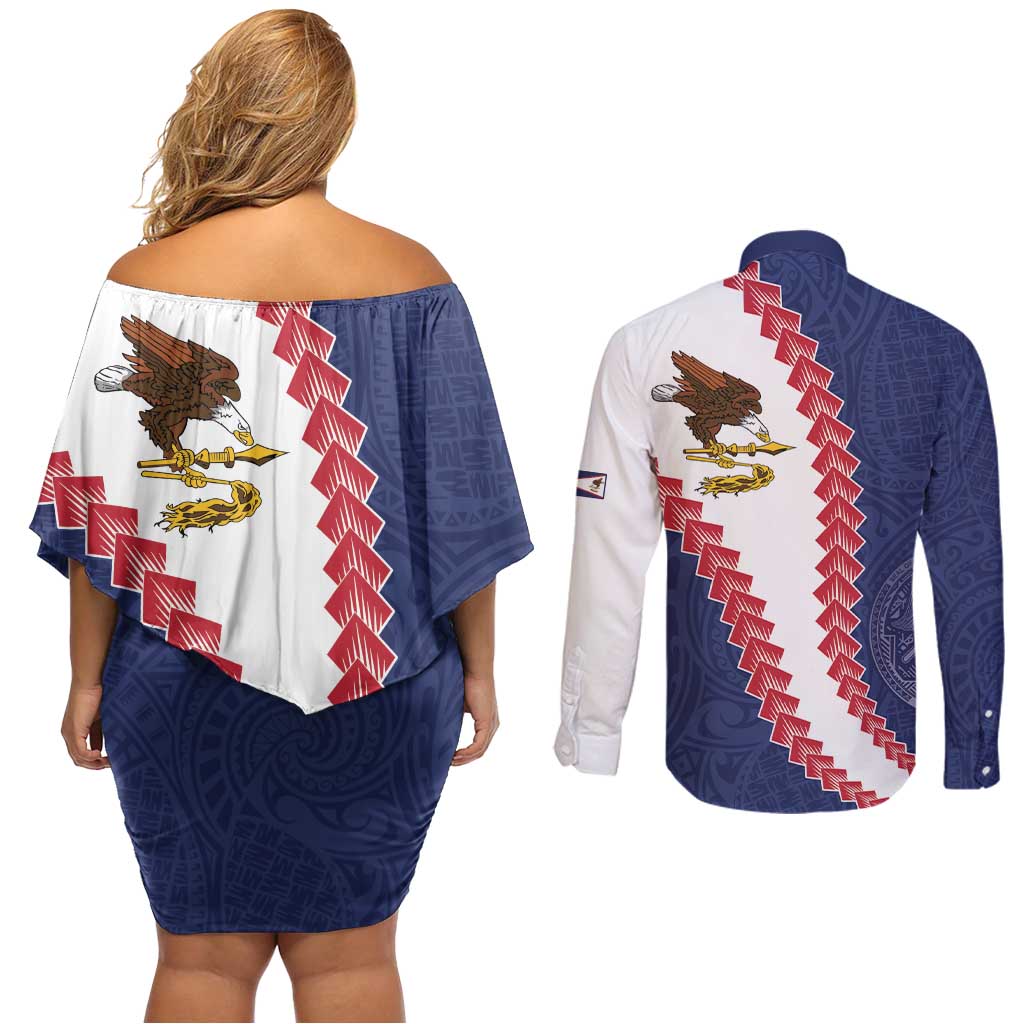 American Samoa Eagle Couples Matching Off Shoulder Short Dress and Long Sleeve Button Shirt Polynesian Tribal Pattern Curve Style