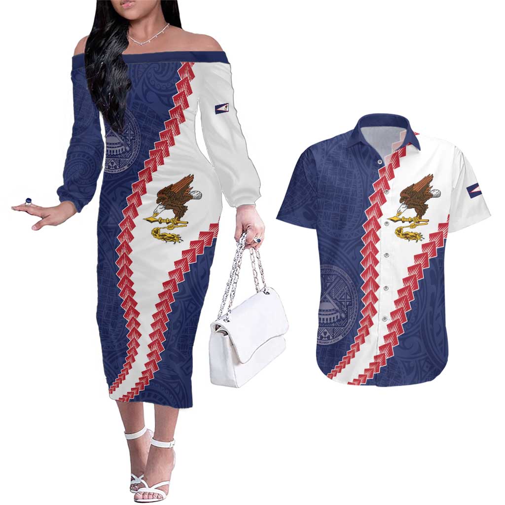 American Samoa Eagle Couples Matching Off The Shoulder Long Sleeve Dress and Hawaiian Shirt Polynesian Tribal Pattern Curve Style